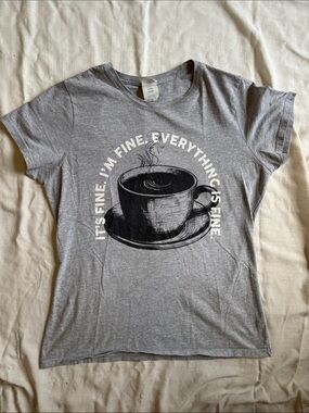 Gray Graphic Tee with Coffee Cup Print